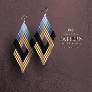 May include: Diamond-shaped beaded earrings in gold, black, blue, and green. The earrings hang from silver hooks. The image includes the text "PDF Instant download PATTERN BEADED EARRINGS BRICK STITCH."