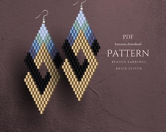 Beaded earrings pattern. Miyuki delica beading. Brick stitch diamond shaped earrings  DIY,  instant download.