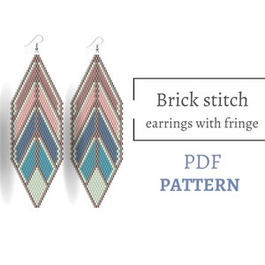 May include: A pair of long, beaded earrings with a geometric pattern in shades of pink, blue, and green. The earrings are made using brick stitch and have a fringe detail. The text "Brick stitch earrings with fringe PDF PATTERN" is visible in the image.