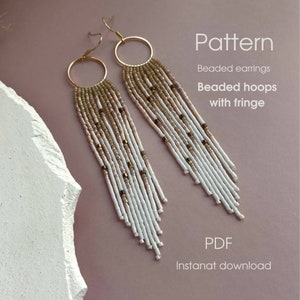 Beaded hoops earrings pattern, Long ombre seed bead earrings pattern, fringe earrings DIY, tutorial, PDF