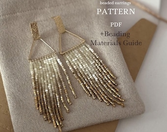 Shiny golg Beaded earrings PATTERN, metal triangle base with fringe, earrings DIY, tutorial, PDF