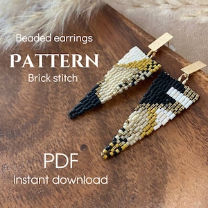 May include: Beaded earrings pattern in black, white, and gold colors. The pattern is called "Brick stitch" and is available as an instant PDF download.