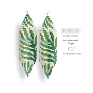 May include: A pair of long, green and white beaded earrings with a fringe design. The earrings are made with brick stitch and are available as a PDF pattern for instant download. Pattern: Beaded earrings Brick stitch with fringe PDF Instant download