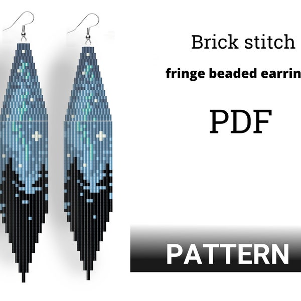 Brick stitch pattern. Beaded earrings with fringe. night sky print earrings DIY. night sky Seed bead pattern.  pattern.