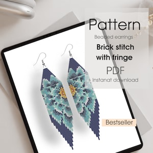 May include: A digital download pattern for beaded earrings with a blue, green, and yellow floral design. The pattern is for brick stitch with fringe and is labeled "Pattern Beaded earrings Brick stitch with fringe PDF Instant download Bestseller".