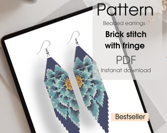 Brick stitch fringe earrings pattern, blue flower, PDF, delica pattern, floral botanic pattern, instant download