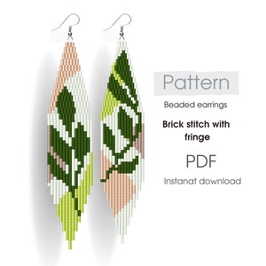 May include: A pattern for beaded earrings with a green, white, and pink leaf design. The pattern is for brick stitch with fringe and is available as an instant PDF download.