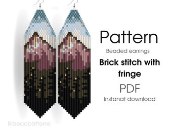 PATRÓN de aretes con cuentas DIY, puntada de ladrillo con flecos, cielo de naturaleza de montaña, descarga instantánea
