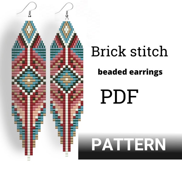 Brick stitch pattern. Beaded earrings with fringe. Native American print earrings DIY. Seed bead pattern. Geometric pattern. Native pattern.