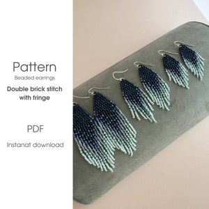 May include: A set of four beaded earrings with a gradient of blue and green colors. The earrings are made with a double brick stitch and have fringe. The pattern is available as a PDF download.  Pattern: Beaded earrings, Double brick stitch with fringe, PDF Instant download