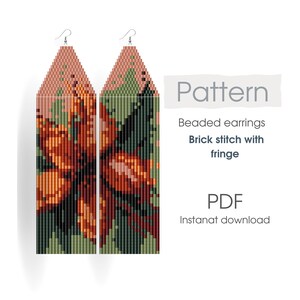 May include: Beaded earrings pattern featuring a floral design in shades of orange, green, and pink. The pattern is for brick stitch with fringe and is available as an instant PDF download.