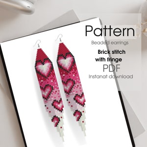 May include: A digital download pattern for beaded earrings with a brick stitch and fringe design. The earrings feature a pink and white color scheme with hearts. The pattern is available as a PDF instant download. The text on the image reads "Pattern Beaded earrings Brick stitch with fringe PDF Instant download".