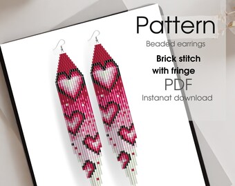Brick Stitch Beaded Earrings Pattern: Hearts & Fringe (PDF Pattern)