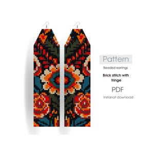 May include: A beaded earrings pattern featuring a floral design in shades of orange, red, blue, green, and white. The pattern is for brick stitch with fringe and is available as an instant PDF download.