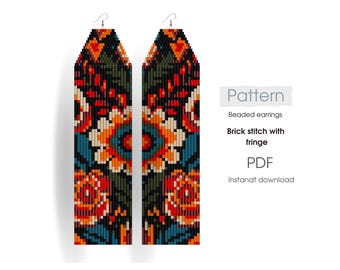 Folk beaded earrings PDF pattern - brick stitch with fringe - statement unique jewelry DIY - miyuki delica