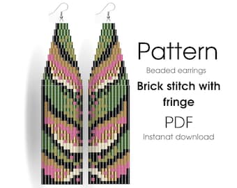 Brick stitch pattern. Beaded earrings with fringe. Floral pattern earrings DIY.  Flowers pattern.