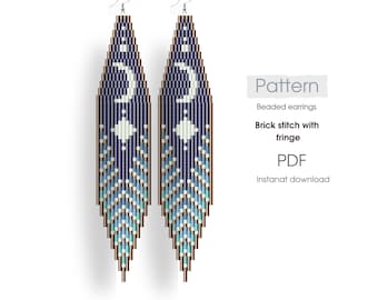 May include: Beaded earrings pattern with a crescent moon and star design. The pattern is for brick stitch with fringe and is available as an instant PDF download.