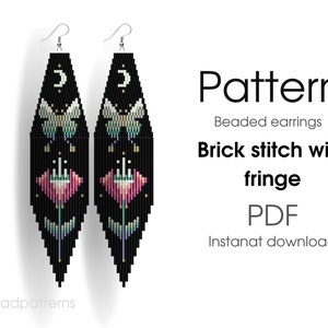 Moth Beaded earrings pattern, brick stitch with fringe, witch moon moth night sky native western, DIY earrings, pdf instant download