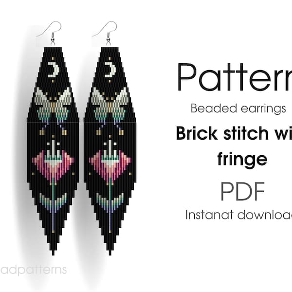 Moth Beaded earrings pattern, brick stitch with fringe, witch moon moth night sky native western, DIY earrings, pdf instant download