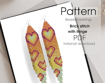 Beaded Heart Earrings Pattern, Brick Stitch Fringe (PDF Pattern)