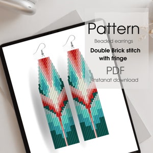 Beaded fringe earrings pattern - Brick stitch with fringe - native ethnic style, turquoise colors, PDF, beadwork