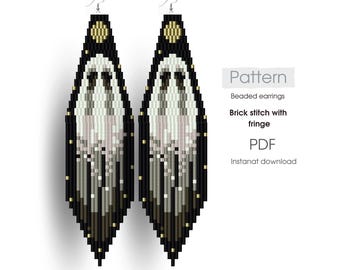 Halloween bead earrings pattern with ghost print, black fringe earrings pattern, witch earrings, brick stitch with fringe diy, pdf