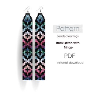 May include: A pair of long beaded earrings with a geometric pattern in shades of pink, blue, and green. The earrings are made with brick stitch and have a fringe at the bottom. The pattern is for beaded earrings with a brick stitch and fringe. Instant download PDF.