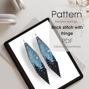 May include: A digital download pattern for beaded earrings with a brick stitch and fringe design. The pattern is for a pair of long, blue and black earrings with a white star pattern. The text on the image reads "Pattern Beaded earrings Brick stitch with fringe PDF Instant download".