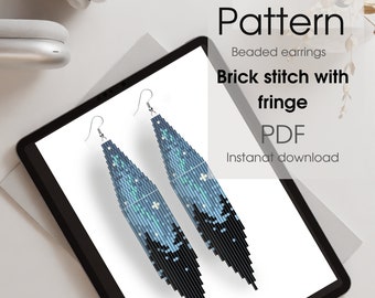 May include: A digital download pattern for beaded earrings with a brick stitch and fringe design. The pattern is for a pair of long, blue and black earrings with a white star pattern. The text on the image reads "Pattern Beaded earrings Brick stitch with fringe PDF Instant download".