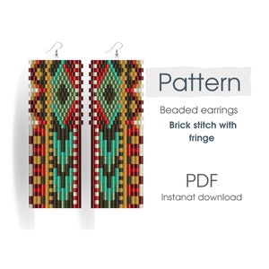 May include: Beaded earrings pattern in a brick stitch with fringe. The pattern features a geometric design with red, yellow, green, blue, and black beads. The pattern is available as an instant download PDF.
