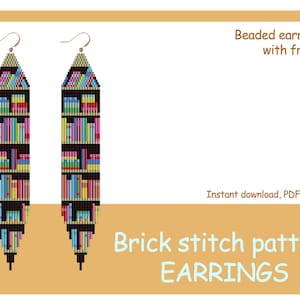 Brick stitch pattern. (10) Beaded earrings with fringe. Books print earrings DIY. Seed bead pattern. Abstract pattern.