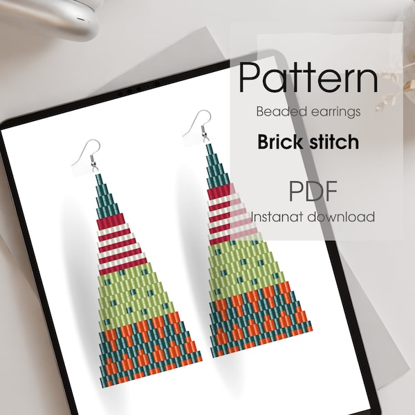 Christmas tree beaded earrings pattern - DIY handwoven earrings - Brick stitch - PDF instant download