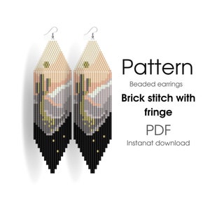 May include: A digital download pattern for beaded earrings. The earrings are black, white, gold, and pink with a fringe. The pattern is for brick stitch with fringe. The text on the image reads "Pattern Beaded earrings Brick stitch with fringe PDF Instant download".