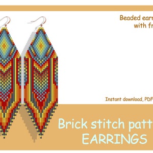 May include: Beaded earrings with fringe, featuring a geometric pattern in red, yellow, blue, and black. Brick stitch pattern earrings. Instant download, PDF format.