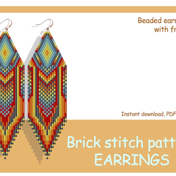 Earring pattern for beading - Brick stitch pattern for beaded fringe earrings - Native style inspired