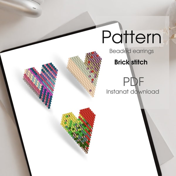 Heart Brick stitch pattern. Hearts print earrings DIY. Seed bead pattern. Valentines day