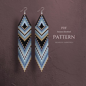 May include: Two beaded earrings with a geometric pattern in shades of blue, black, and gold. The earrings are long and rectangular with a diamond-shaped design at the top. The text "PDF Pattern Beaded Earrings" is visible.