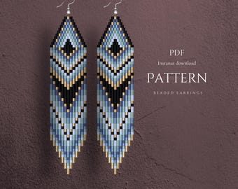 Beaded earrings pattern with ethnic design, brick stitch with fringe, pdf instant download, black and teal