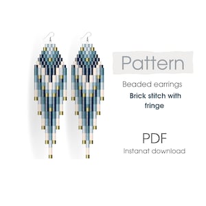 May include: A digital download pattern for beaded earrings. The earrings are long and feature a blue, white and gold colour scheme. The pattern is for brick stitch with fringe. The text "Pattern" and "PDF Instant download" is visible.