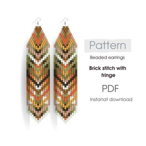 May include: Two beaded earrings with a brick stitch fringe pattern. The earrings feature a geometric design in shades of orange, green, black, and white. The image includes the text "Pattern", "Beaded earrings", "Brick stitch with fringe", and "PDF".