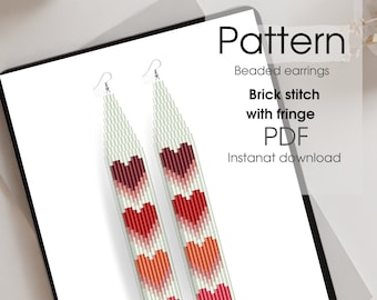 Valentines day pattern bead fringe earrings, heart pattern, brick stitch, DIY earrings project, PDF