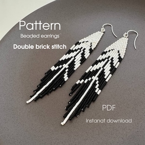 May include: Black and white beaded earrings with a geometric pattern. The earrings are made with a double brick stitch and are long and narrow. The pattern is a repeating design of black and white beads. The earrings are hanging from silver ear wires. The text "Pattern", "Beaded earrings", "Double brick stitch", "PDF", and "Instant download" is visible in the image.
