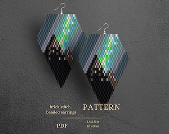 Northern lights beaded earrings pattern.  Landscape Brick stitch Bead pattern for earrings. Rhombus earrings pattern PDF.