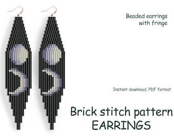 May include: A beaded earring pattern featuring a crescent moon and full moon design in shades of white, gray, and black. The pattern is for brick stitch and includes fringe. The text "Brick stitch pattern EARRINGS" is at the bottom of the image.