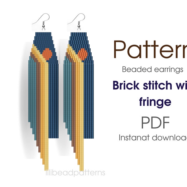 Brick stitch pattern. Beaded earrings with fringe. Abstract sunset print earrings DIY. Seed bead pattern.