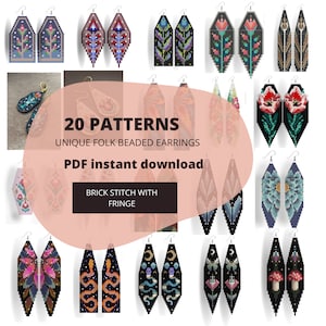 May include: 20 unique folk beaded earring patterns in a variety of colours and designs. The patterns are for brick stitch with fringe. PDF instant download.