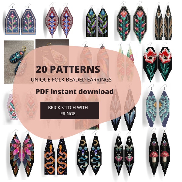 BUNDLE OF 20 PATTERNS, unique folk beaded earrings, brick stitch with fringe, diy jewelry, pdf, gift for crafter