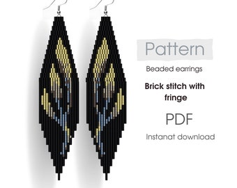 Miyuki beaded earrings pattern with floral print, brick stitch with fringe, PDF, easy beading