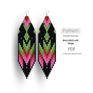 May include: A pair of long, beaded earrings with a black, pink, and green geometric pattern. The earrings are made with brick stitch and have a fringe at the bottom. The pattern is for beaded earrings with brick stitch and fringe. Instant download PDF.