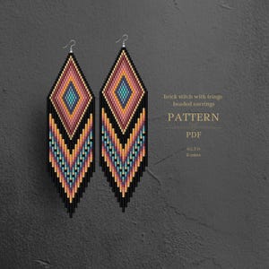 May include: A pair of long, diamond-shaped beaded earrings featuring a brick stitch pattern in black, pink, orange, yellow, and teal. The text reads: brick stitch with fringe beaded earrings PATTERN PDF 4x1.3 in 9 colors.
